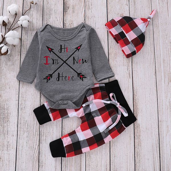 

baby clothing 0-24m children's long sleeve letter bow and arrow print romper + plaid pants + hat set christmas clothes for baby, White