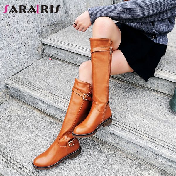 

sarairis new fashion large size 32-43 belt buckle chunky heels shoes woman casual office autumn winter knee high boots women, Black