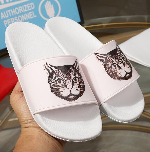 

genuine leather mens women summer flip flops outdoor sandals cat head printed men moccasins slides hombre 35-45, Black