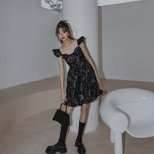 

casual dresses 2021 arrivals spring and summer fashion women clothesfrozen flower dress jacquard slim black mini v973, Black;gray