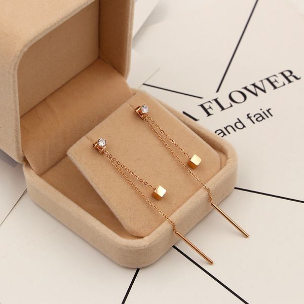 

rose gold color cube and pole geometric shape long chain drop dangle earrings for women fashion eardrop jewelry gift, Silver