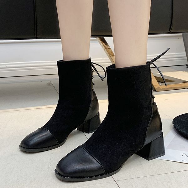 

women boots high heels lace up women's rubber shoes rain booties ladies winter footwear round toe luxury designer, Black