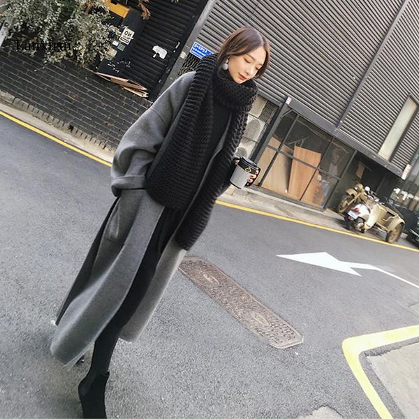 

women's claassic wool cashmere blend loose casual overcoat lapel belted long coat jackets warm outwear, Black