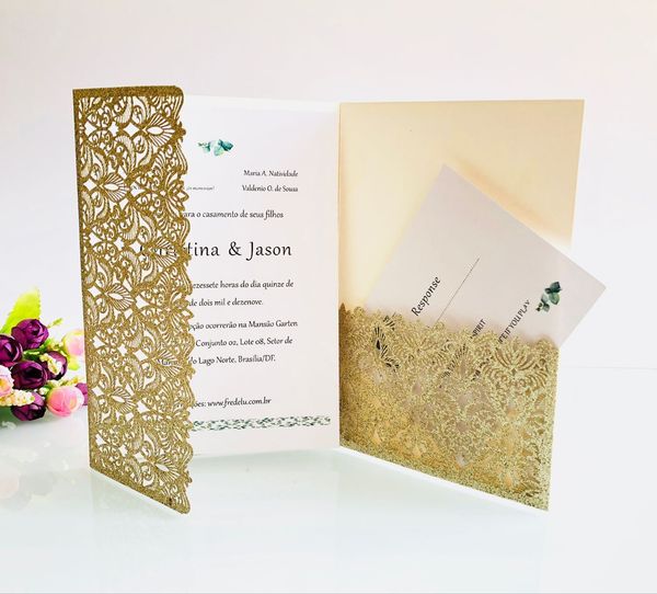 laser cut wedding invitations with rsvp cards gold silver glitering customized folded wedding invitation cards with envelopes bw hk153c wedding rsvp online card