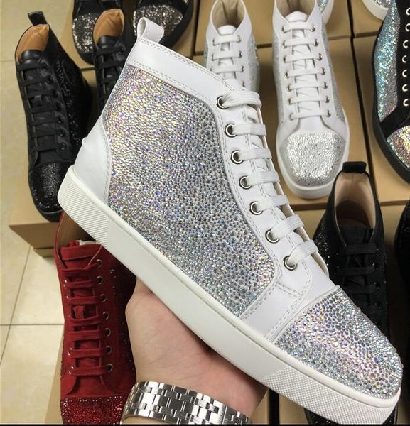 

special offer suede & black rhinestone strass red bottom shoes men flat red sole shoes high-sneaker lace-up casual l14