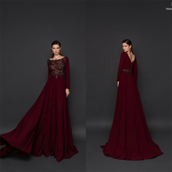 Vender Hot 2020 Wine Red vestidos de noite elegantes Jewel manga comprida Trem da varredura Appliqued frisada Prom Dress Ruched Custom Made Longo Partido Vestido