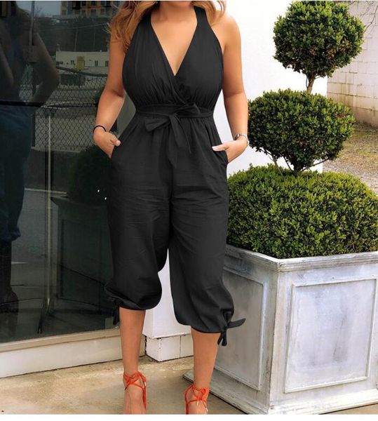 

Sexy Push Up Rompers Women V-neck Backless Halter Across Pleated Jumpsuit Bandage Bow-knot Rosette Playsuit Causal Bodysuit Plus Size