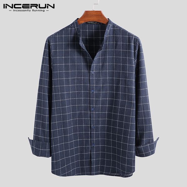 

incerun autumn long sleeve mens plaid shirt chic stand collar streetwear blouse fashion casual brand shirts men camisa plus size, White;black