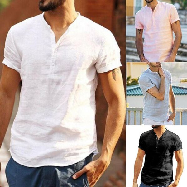 

Fashion Summer Casual Men's Shirts Short Sleeve Loose V-neck Linen Cotton Tops Clothes Solid Button Shirt Men Blouse Tops Tees, White;black