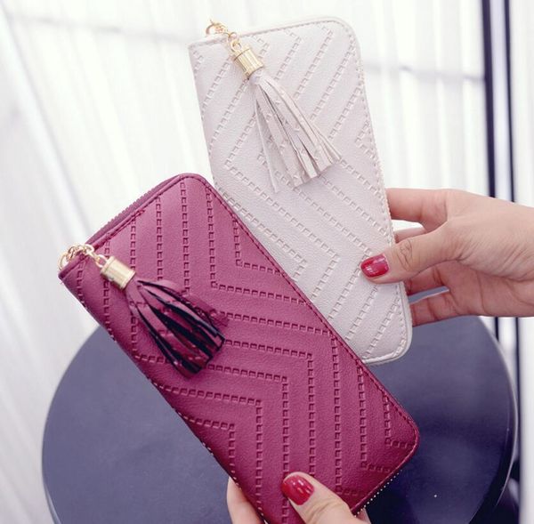 

designer women wallet sewing thread pu face long style lady zipper tassel wallet handbag fashion tassel zipper style lady portable wallets/6, Red;black