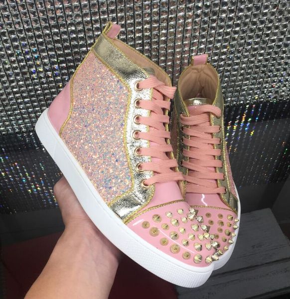 

women shoes pink genuine leather glitter pik spiked red bottom sneakers,men's brand red sole studs leisure trainers wedding party dress, Black