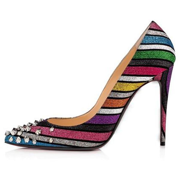 

women heels red bottom high heels rainbow rivets pumps women shoes pointed toe crystal party heels shoes, Black