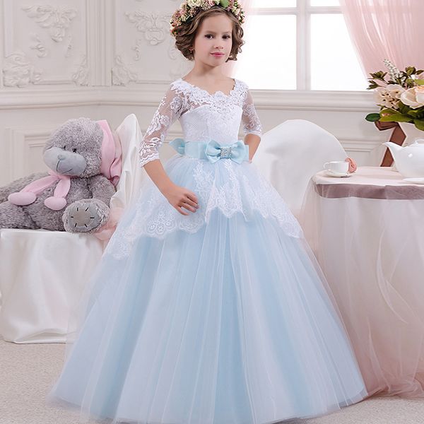 

a-032 princess skirt girl wedding flower girl dress long paragraph children's dress white long-sleeved dress birthday show ing