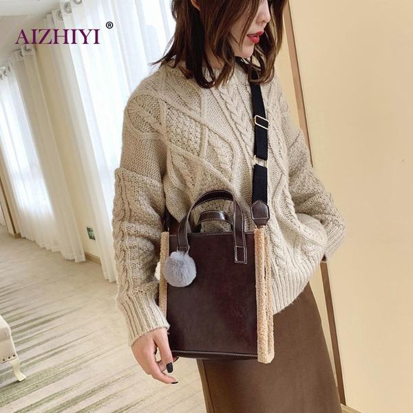 

lady fashion leather fleece splicing shoulder handle bag women pompom casual retro crossbody messenger bags