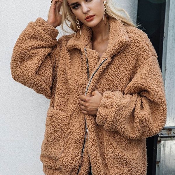 

moshu faux lambswool oversized jacket coat 2018 autumn winter warm soft zipper fur plush jacket hairy overcoat casual outerwear, Black