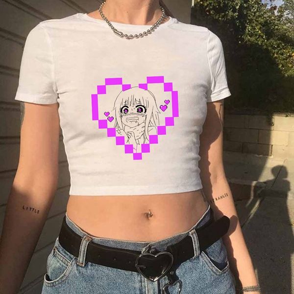 

harajuku style girl teens funny anime cropped t-shirt summer women casual short sleeve crop o neck ultrashort shirt top, White