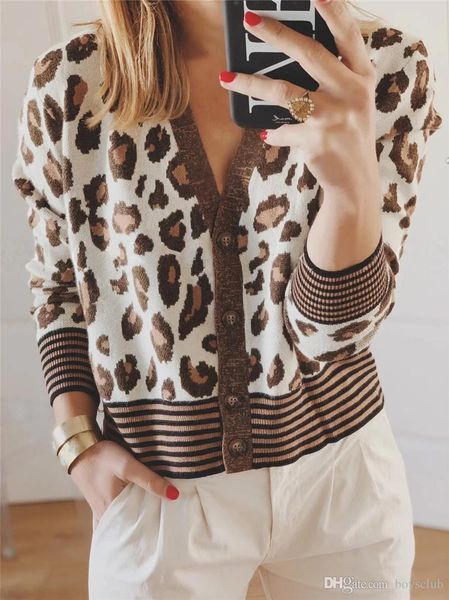 

leopard stripe panelled womens designer sweaters fashion single breasted womens cardigan sweaters casual females clothing, White;black