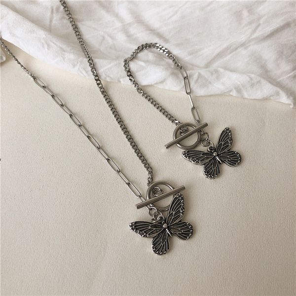 

vintage stainless steel chain butterfly pendant necklace for women butterfly chokers statement necklace hiphop jewelry girls, Silver