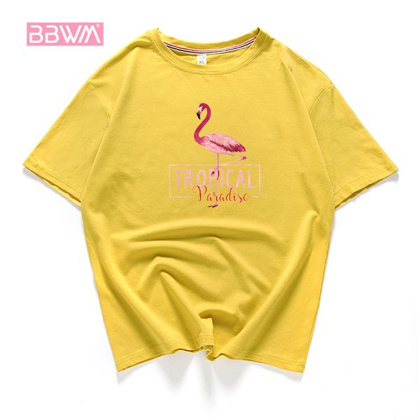 

exquisite women's new korean cotton t-shirt summer short-sleeved t-shirt loose round collar wild flamingo printing yellow female, White