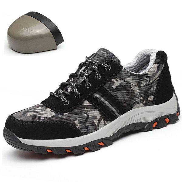 

selling 2019 safety shoes men's camouflage canvas anti-mite perforated lightweight steel toe cap wear site work shoes36-46, Black