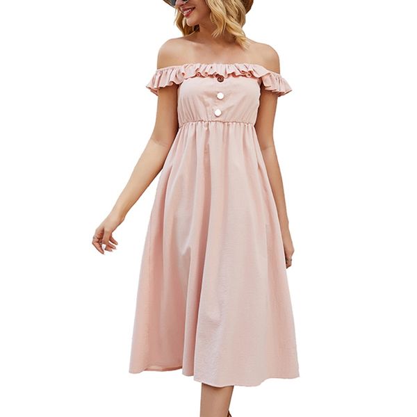 

summer word collar stitching ruffled temperament single-breasted solid color dress pink, Black;gray