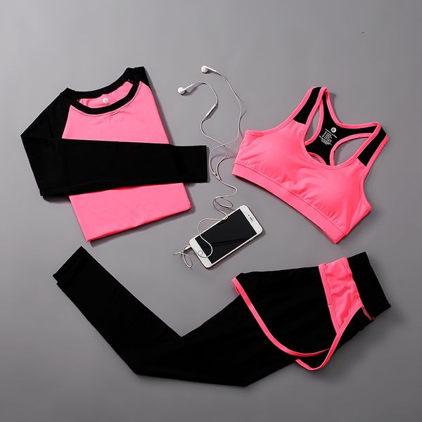

spring three-piece bra long sleeve t-shirt suit nine-minute pants lady fitness suit, White