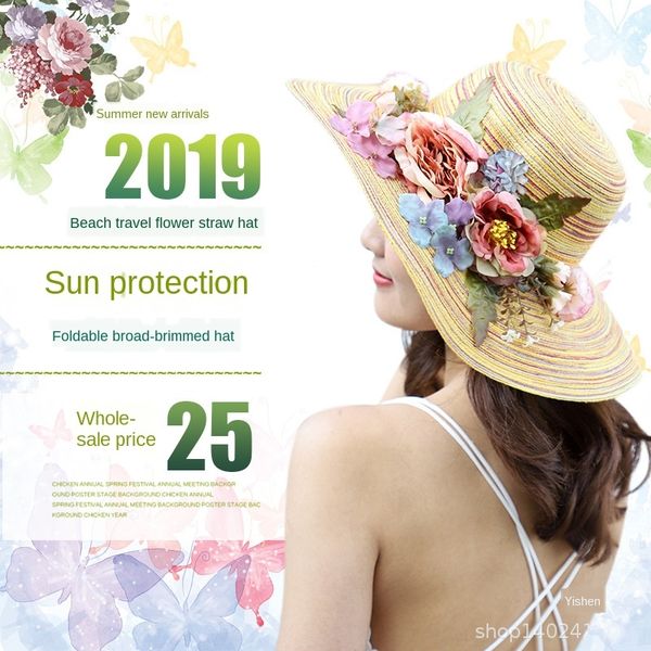 

sunscreen sunshade cornice straw sunshade flower straw female beach travel manual woven hat foldable large eaves hat, Blue;gray