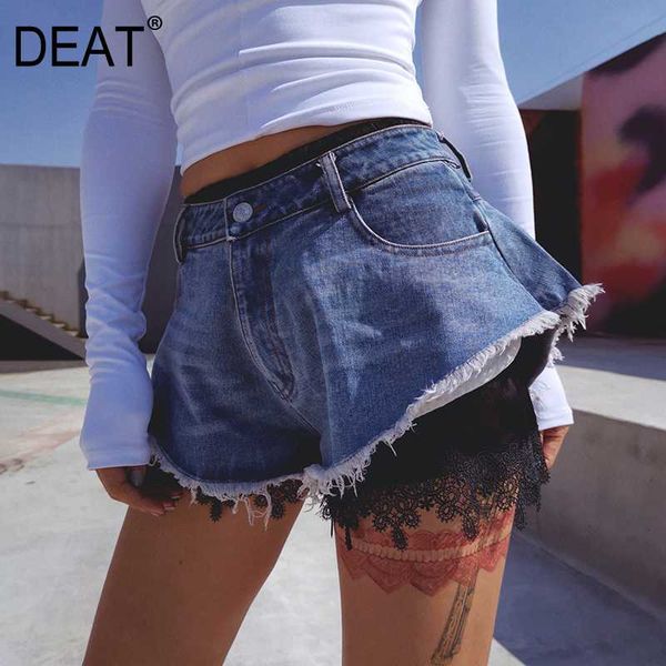

deat] 2020 spring fast delivery women denim short solid leisure lace lining with bottom mid waist street wild slim cloth ap256, Blue