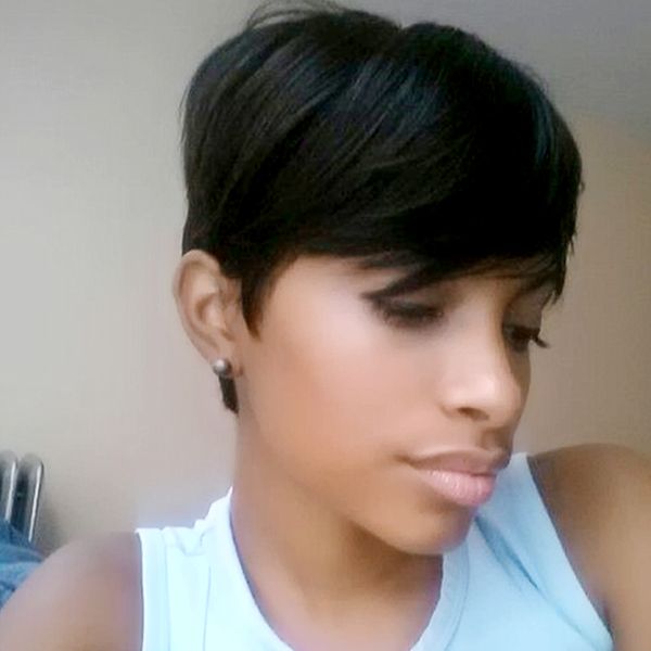 

short pixie cut natural straight human hair none lace wigs for women unprocessed brazilian machine made wig, Black;brown