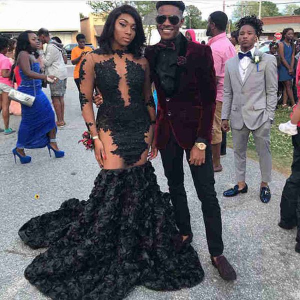 

Long Prom Dresses 2019 Illusion Sexy Long Sleeve Lace Mermaid African Black Flowers Girl Party Dresses Women Evening Wear Gowns