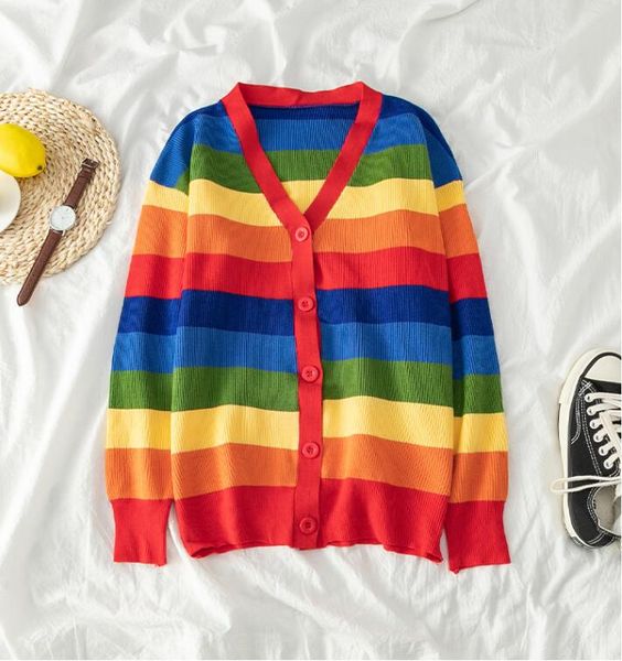 

rainbow sweater women's spring wear new loose lazy wind knit cardigan, White