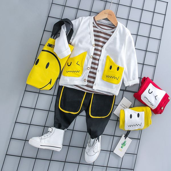 

new autumn baby boys clothing set casual big pocket cotton clothes coat+t-shirt+pants 3pcs suit toddler baby clothing suit, White
