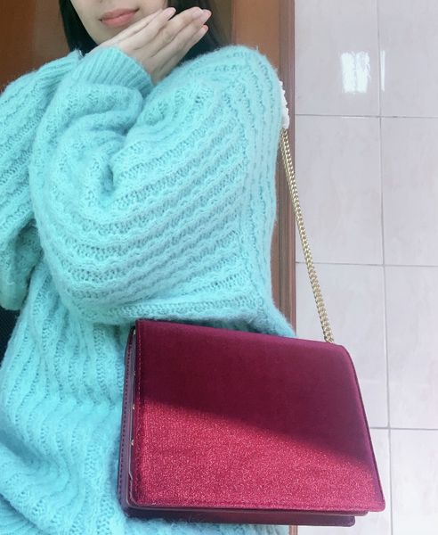 

luxury design 22cm handbag fashion velvet women bags with chain famous brand lady evening handbags burgundy/black shoulder bag gift packages