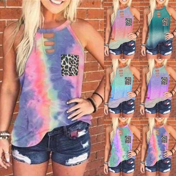 

womail 2020 new summer womens clothing fashion tie-dye leopard pocket sleeveless tank female casual halter blouse shirts, White