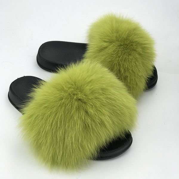 

real raccoon fur slippers women 2018 sliders casual hair flat fluffy fashion home summer big size 45 furry flip flops shoes, Black