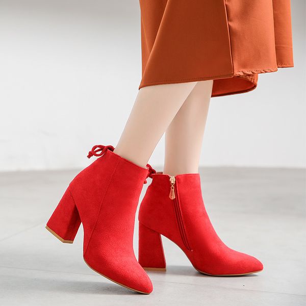 

lucyever 2019 autumn winter fashion women buckle ankle boots casual faux suede pointed toe thick high heels party shoes woman, Black