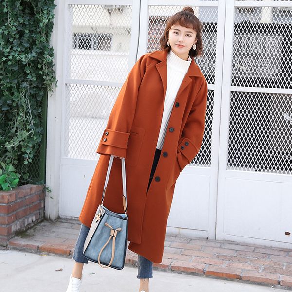 

new korean womens long coats 2018 winter solid single breasted wool blend coat and jacket turn-down collar ladies coats, Black
