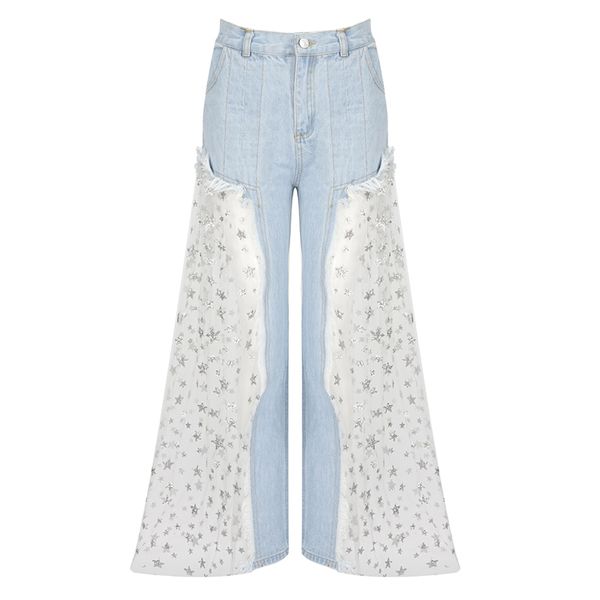 

trendy women lace star printed patchwork jeans ladies lace tulle splice high waist button pants see-through wide leg pants s-xl, Blue