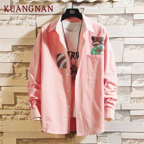 

kuangnan squirrel printed shirt men streetwear men shirts casual slim fit korean shirt long sleeve 5xl clothing 2019 new, White;black