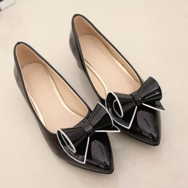 

2019 spring womens low heel leather pointed toe shoes woman high red bow slip on dress shoes ladies boat, Black
