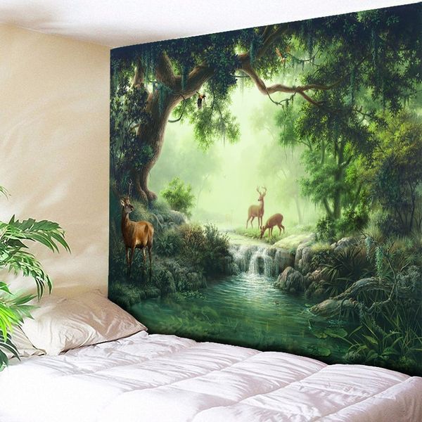 

creek elk strolling forest tapestry large wall hanging hippie tapestry trees boho tapisserie wall carpet chic scenery home decor