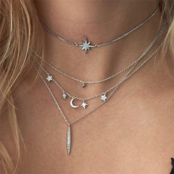 

bohomian multilayer necklace women moon&star pendant necklace for women metal silver color sequins jewelry