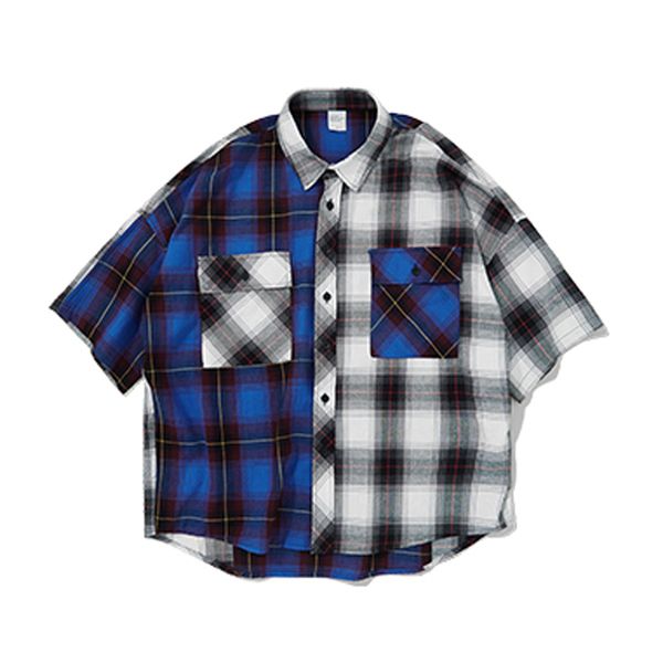 

high street vintage patchwork 2019 spring summer harajuku short sleeve plaid shirt oversized loose men shirt loose style, White;black