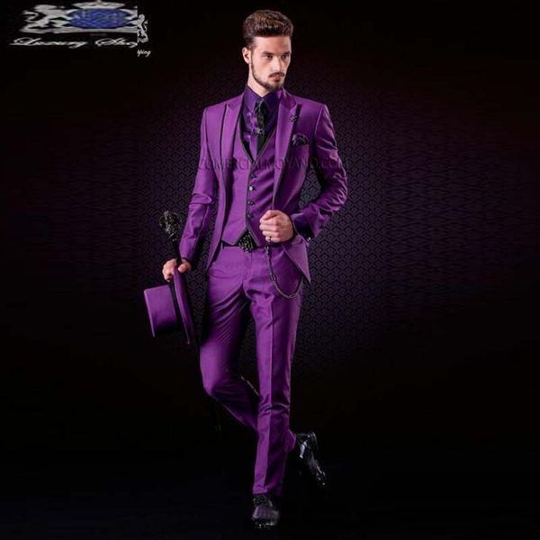 

fashion purple groom tuxedos peak lapel mens wedding suits handsome man jacket blazer 3 piece suit(jacket+pants+vest), Black;gray