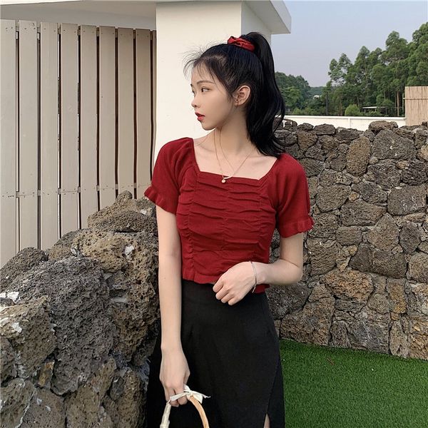 

2020 square collar collarbone short-sleeved t- women's t- shirt short slim wood ear fold shirt fashion, White