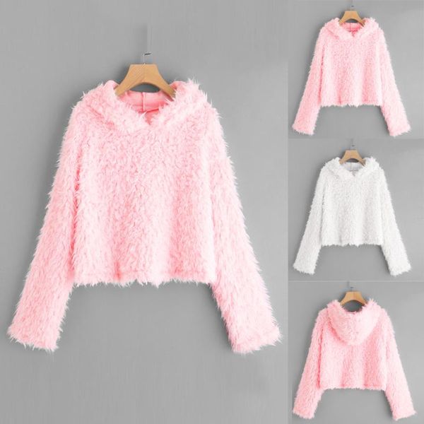 

womens long sleeve plush hooded round neck sweatshirt blouse, White
