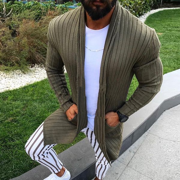 

men's sweaters cardigan men long sleeve striped midi sweater coat with pocket winter autumn casual solid color cardigans pull homme hiv, White;black