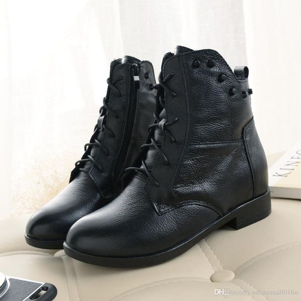 

fashions snow boots women's shoes mother ladies female plush winter fur rubber genuine leather lace up flats round toe, Black