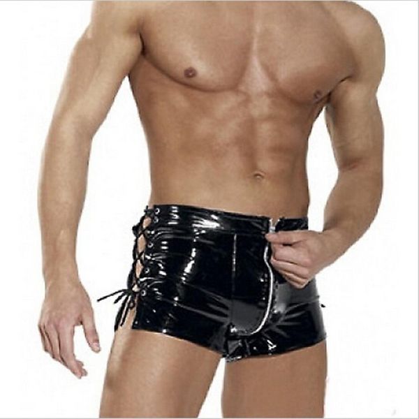 

2017 men's black tight leather latex pvc shorts men patent leather micro mini shorts pole dance hip-hop drawstring ants, White;black