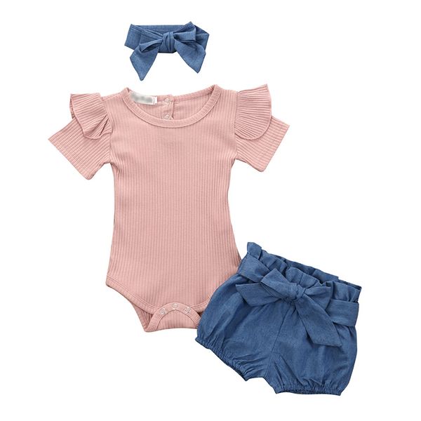 

2020 summer baby girls clothing newborn kids baby girls outfits clothes romper bodysuit+flower printed shorts+headband set, White